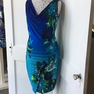 Blue ombré Cache dress with green flowers